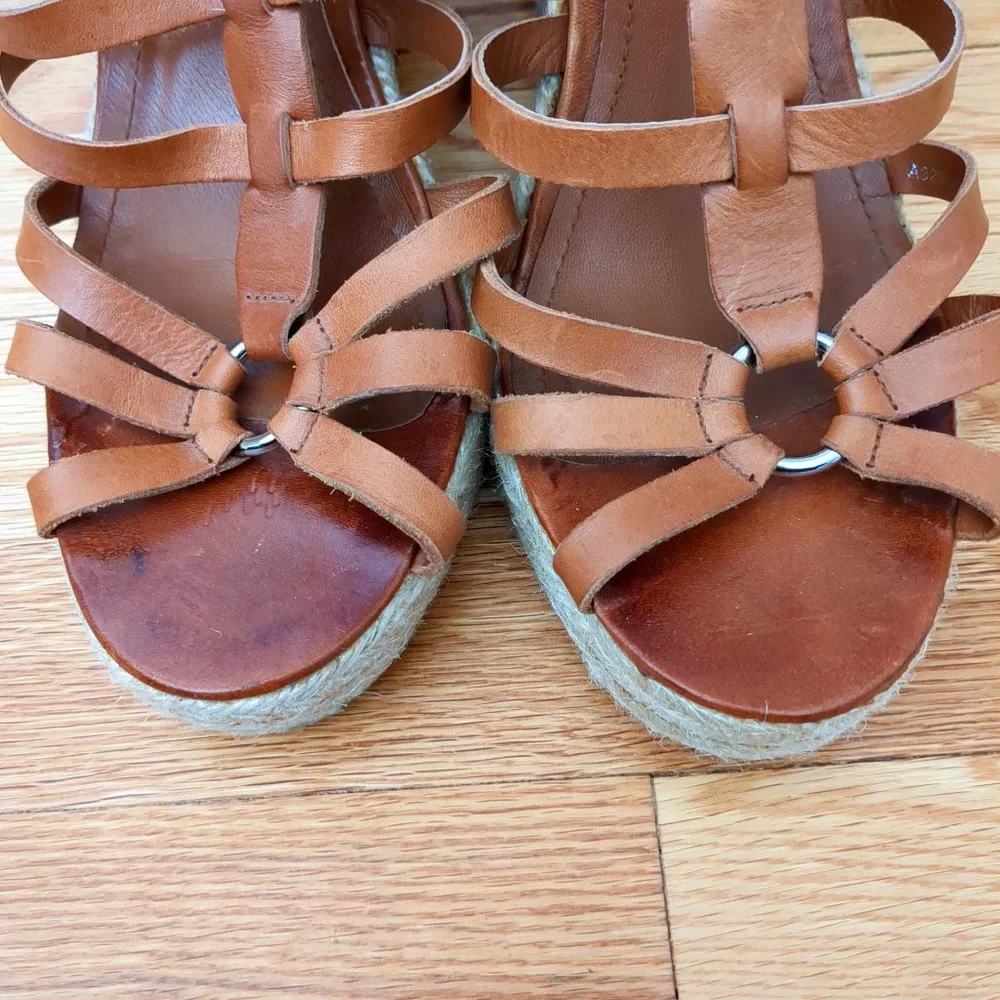 [SOLD] Coach Cognac Brown Leather Caged T-Strap Espadrille Wedge Strappy Sandals - Picture 3 of 16
